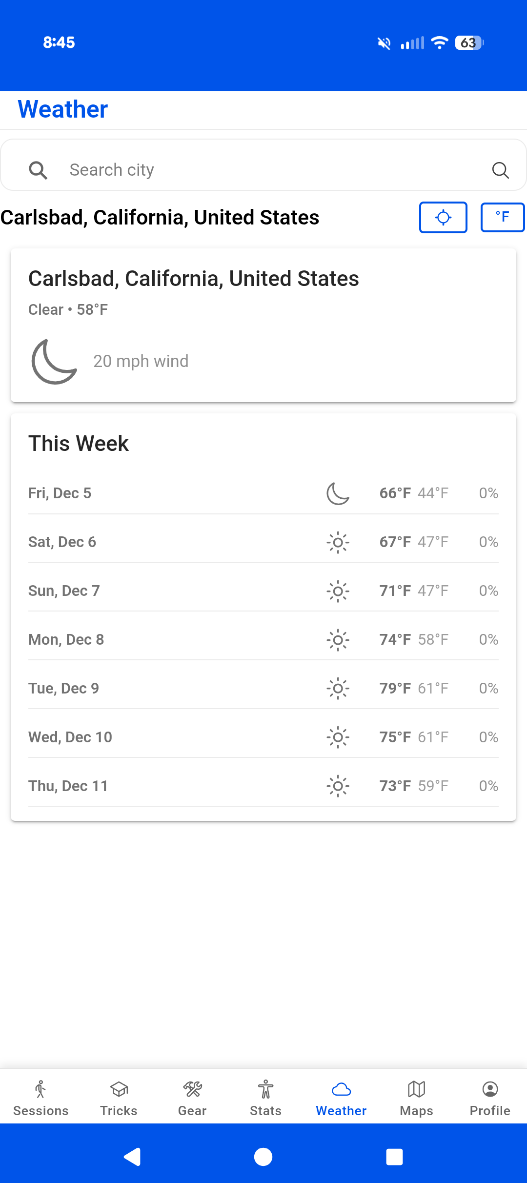 ReVrt weather screen showing conditions for planning a session